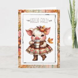 Tarjeta Hola Otoño Adorable Cerdo de Casa de Campo 