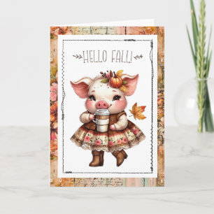 Tarjeta Hola Otoño Adorable Cerdo de Casa de Campo