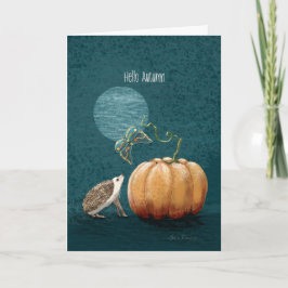 Tarjeta hola otoño hedgehog moth pumpkin