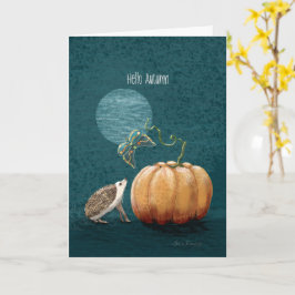 Tarjeta hola otoño hedgehog moth pumpkin