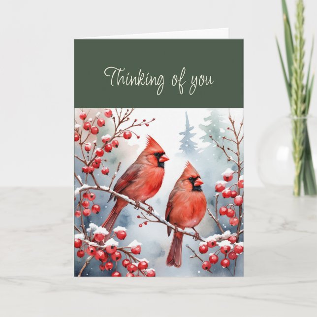 Tarjeta Hola Pensando en ti Cardenales de Pájaro Rojo Niev (Anverso)
