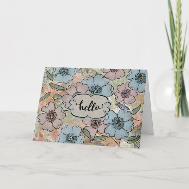 Tarjeta Hola Pensando en ti Flor Pintada Rosa y Azul (Anverso)