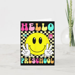 Tarjeta Hola preescolar cara sonriente retro de vuelta a l