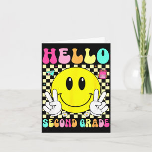 Tarjeta Hola sonrisa retro de segundo grado cara de vuelta