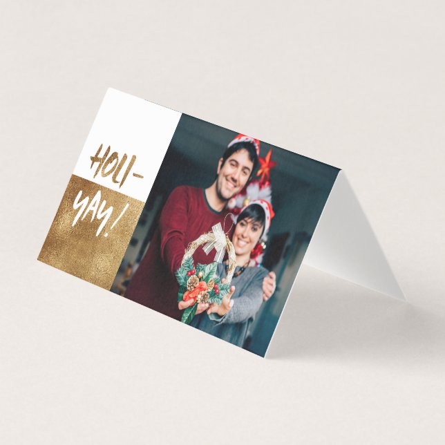 Tarjeta ¡HOLI-YAY! Fun Script Gold Holiday Card (Anverso)