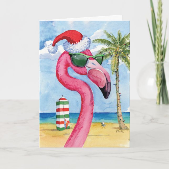 Tarjeta Holiday Beach Animals-Flamingo - Feliz Navidad (Anverso)