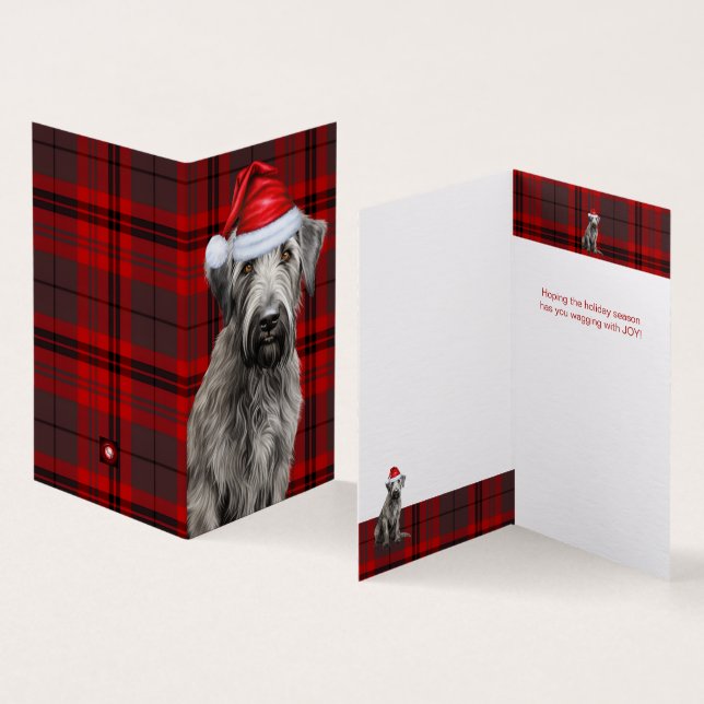 Tarjeta Holiday Irish Wolfhound Dog Red Plaid Christmas (Interior y exterior)