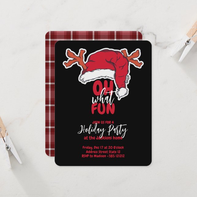 Tarjeta Holiday Party Santa's Hat And Plaid Pattern (Anverso/Reverso In Situ)