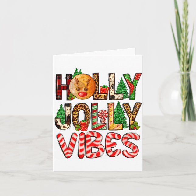 Tarjeta Holly A Jolly Vibes Reindeer Christmas Trees Light (Anverso)