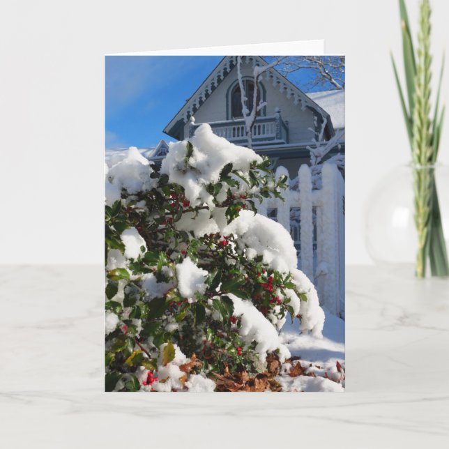 Tarjeta Holly Berries en la nieve - Viñedo de Martha (Anverso)