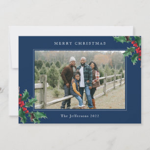 Tarjeta Holly Berries, Personalizado azul de Feliz