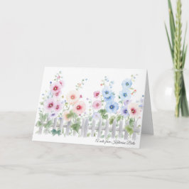 Tarjeta Hollyhocks & Rustic Wood Fence Watercolor 