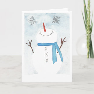 Tarjeta Hombre de nieve admirando copos de nieve