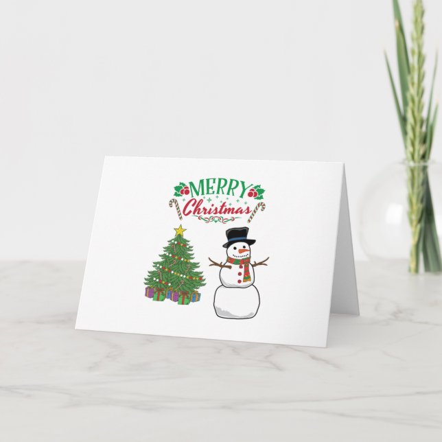Tarjeta Hombre de nieve alegre Navidad con un gato (Anverso)
