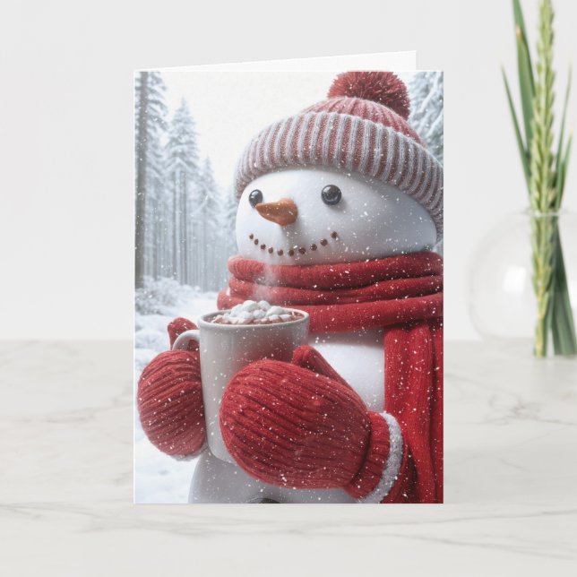 Tarjeta Hombre de nieve con chocolate caliente y copos de  (Anverso)