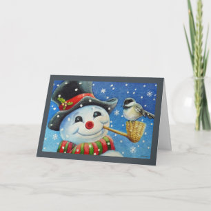 Tarjeta Hombre de nieve de invierno y ave chickadee arte e