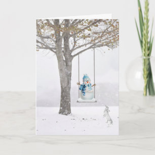 Tarjeta Hombre De Nieve De Vacaciones En El Swing De Invie