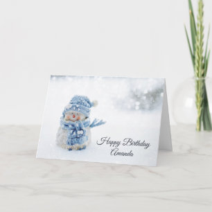 Tarjeta Hombre de nieve lindo en invierno, foto cumpleaños