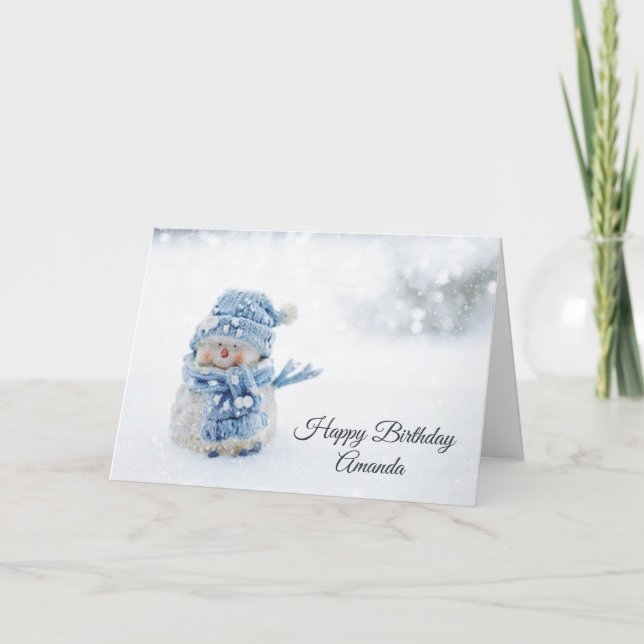 Tarjeta Hombre de nieve lindo en invierno, foto cumpleaños (Anverso)