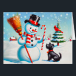Tarjeta Hombre De Nieve Retro, Perro Cuto, Cardenal Rojo Y<br><div class="desc">Esta es una escena de las vacaciones de invierno con un muñeco de nieve sonriente, un perro horrible y un cardenal rojo curioso, rodeado de abetos en una escena de invierno. Hace un Navidad maravilloso o una decoración fiesta de Acción de Gracias. Personalice este diseño con un monograma, nombre o...</div>