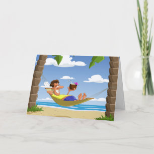 Tarjeta Hombre divertido relajándose en hamaca de playa