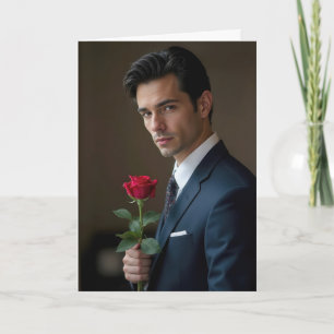 Tarjeta Hombre guapo de cumpleaños con una rosa roja