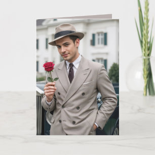 Tarjeta Hombre guapo de cumpleaños sosteniendo una rosa ro