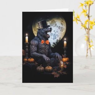 Tarjeta Hombre lobo y velas Luna Calabazas Halloween espel