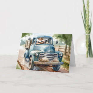 Tarjeta Hombre mayor de cumpleaños y perro en camión retro