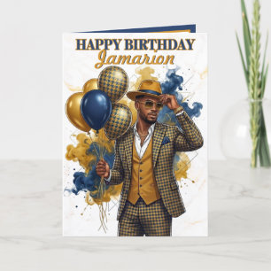 Tarjeta Hombre Negro Elegante Cumpleaños Mostaza Azul Mari