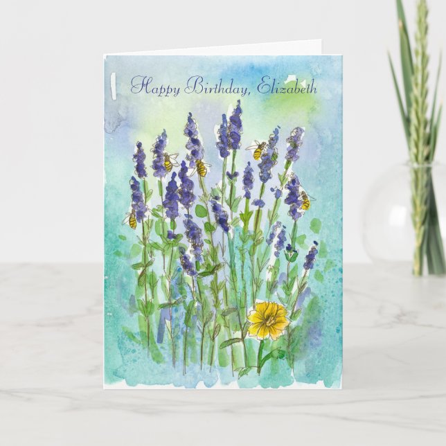 Tarjeta Honey Bees Lavender Personalizado Feliz Cumpleaños (Anverso)