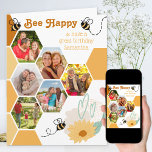 Tarjeta Honeycomb Collage de fotos Bee Happy Birthday<br><div class="desc">Divertida y original tarjeta de cumpleaños con tus fotos de personalizados arregladas en el patrón de la pepita. El diseño presenta adorables abejas de burbujas, panecillos, flores de doodle y corazones de amor con letras retro para el juego de palabras, Bee Happy. Puedes personalizar el mensaje en la parte delantera...</div>