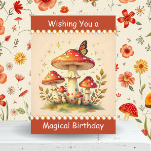 Tarjeta Hongos y Mariposa Retro Cumpleaños de un amigo