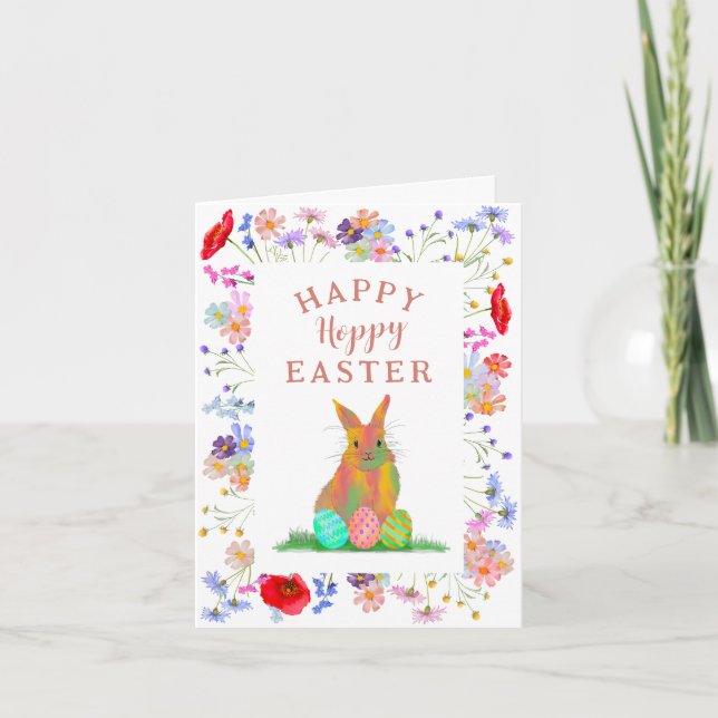 Tarjeta Hoppy Easter Bunny y Eggs Floral (Anverso)