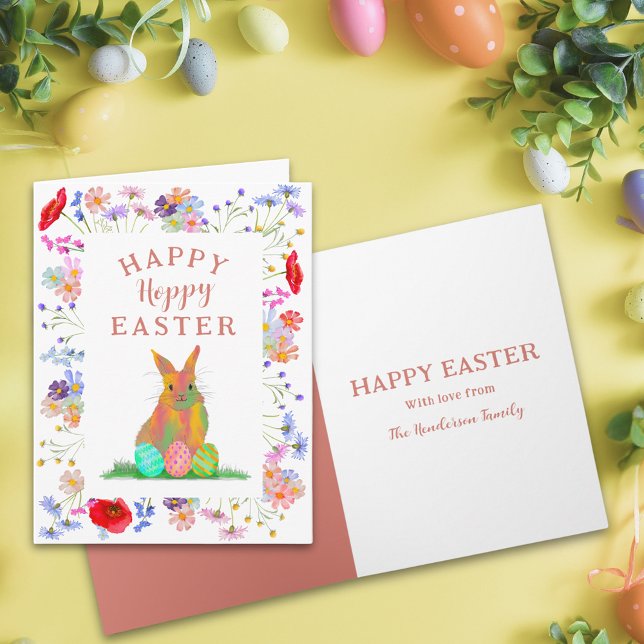 Tarjeta Hoppy Easter Bunny y Eggs Floral (Personalized happy hoppy Easter cute bunny watercolor colorful spring floral folded greetings card)