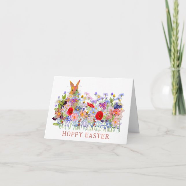 Tarjeta Hoppy Easter Cute Bunny y Boho Wildflowers (Anverso)