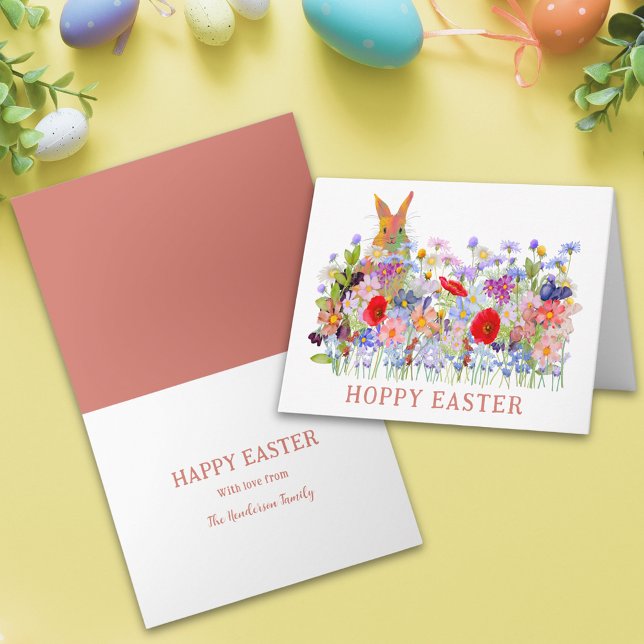 Tarjeta Hoppy Easter Cute Bunny y Boho Wildflowers (Personalized hoppy happy  easter cute bunny watercolor wildflower meadow spring floral holiday card)