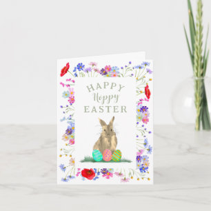 Tarjeta Hoppy Easter Cute Bunny y Eggs Floral