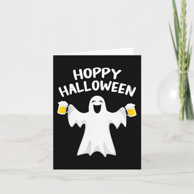 Tarjeta Hoppy Halloween Funny Halloween Cute Ghost Beer Dr (Anverso)