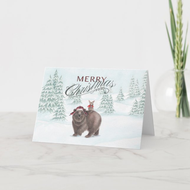 Tarjeta horizontal para Navidades de oso y conejo (Anverso)