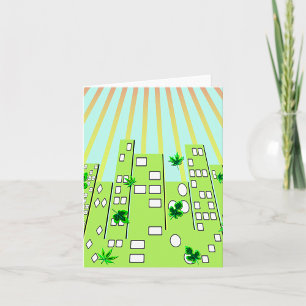 Tarjeta Horizonte de Ciudad Ecológica Verde con Hojas Flot