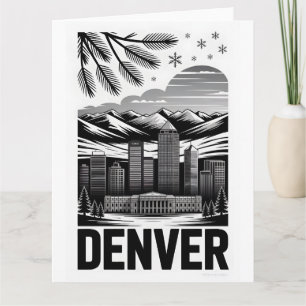 Tarjeta Horizonte de Denver Colorado en Grabado de Madera