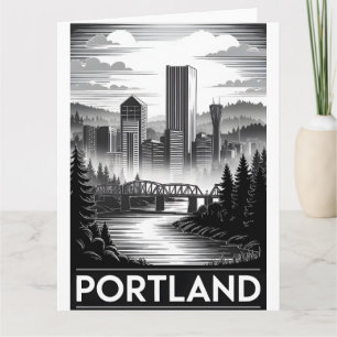 Tarjeta Horizonte de Portland Oregón en Grabado de Madera