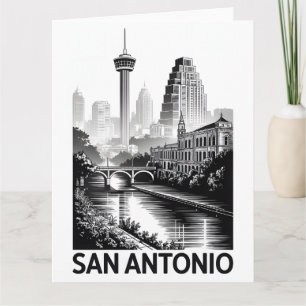 Tarjeta Horizonte de San Antonio Texas en grabado de mader
