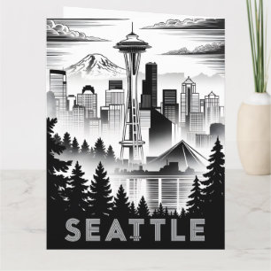 Tarjeta Horizonte de Seattle Washington en negro y blanco