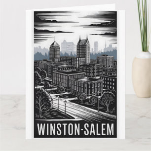Tarjeta Horizonte de Winston-Salem NC Negro Blanco Xilogra