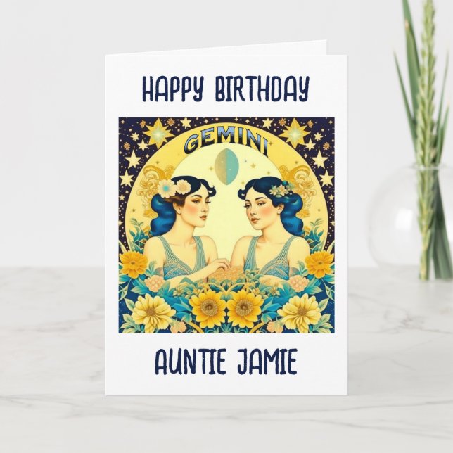 Tarjeta Horoscopio Rótulo Gemini Twins Cumpleaños Celeste (Anverso)