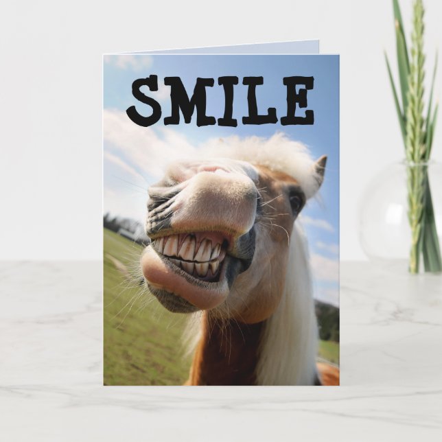 TARJETA HORSE FUNNY SMILE BIRTHDAY GREETING CARD (Anverso)