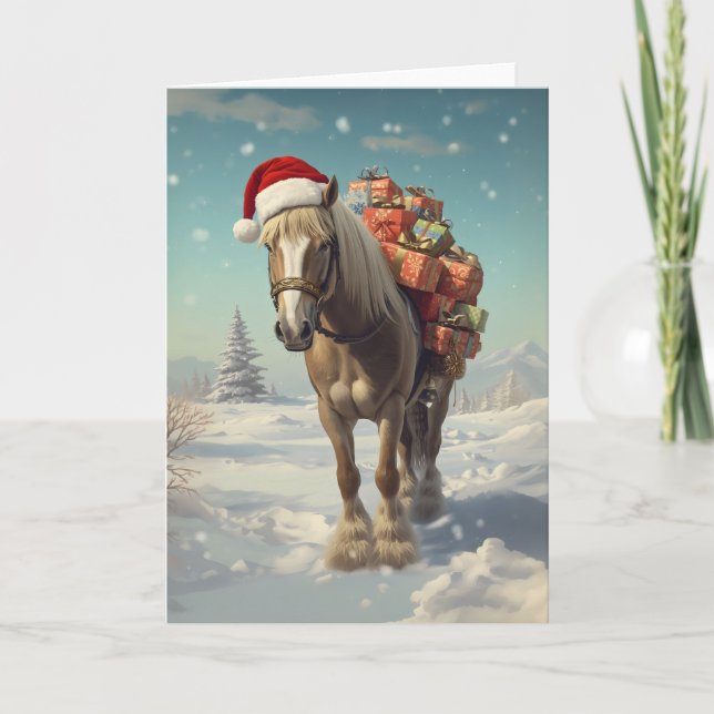 Tarjeta Horse with Christmas presents in the snow (Anverso)