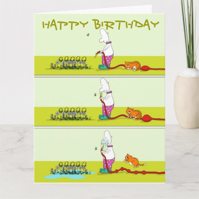 Tarjeta Hose Down, divertido gato gordo de jardinería y ta (Anverso)